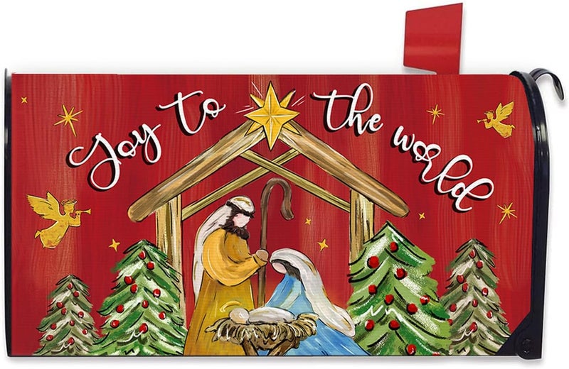 FBCOO Christmas Nativity Christian Mailbox Cover Magnetic Standard Size 20.5" x 18", Religious Xmas Jesus Joy to The World Decorative Post Letter Box Decor, Red Holiday Garden Yard Outdoor Decoration - Image 1